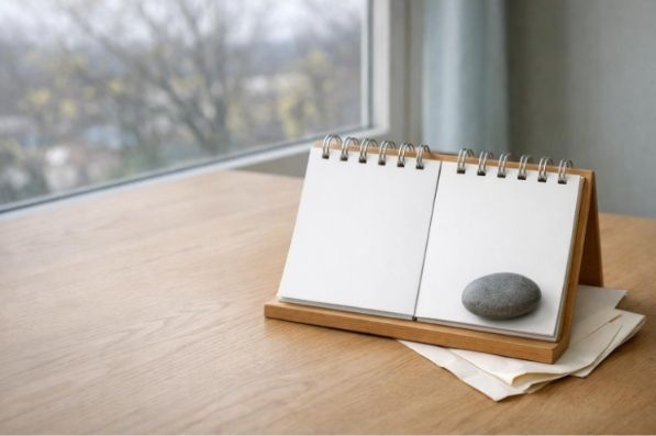 Blank desk calendar with a river stone and folded travel itinerary beside a softly lit window