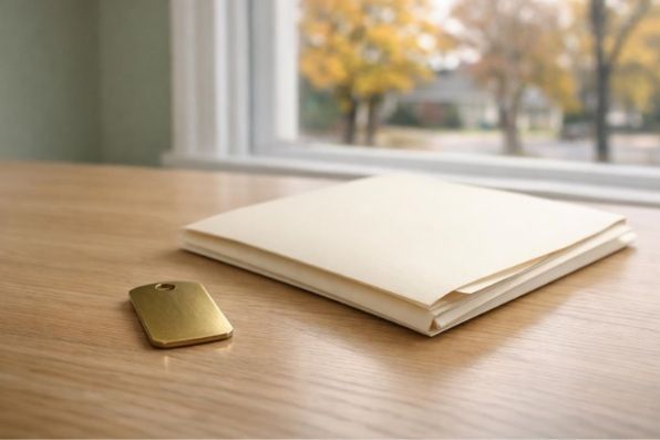 Unmarked brass identification tag beside a closed document folder on a sunlit South Jersey office
