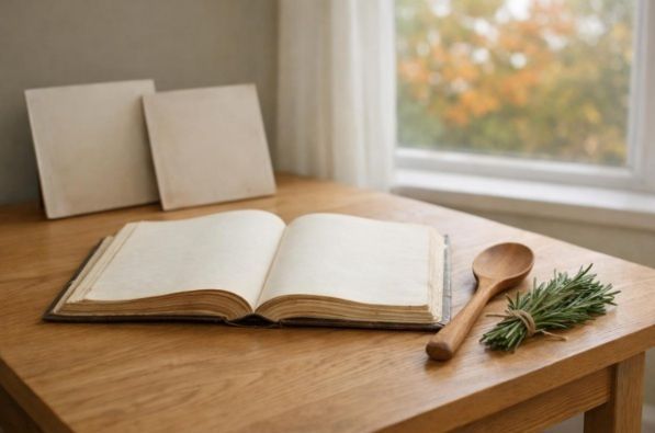 Quiet hobby tribute table with a cookbook, wooden spoon, and rosemary beside a softly lit