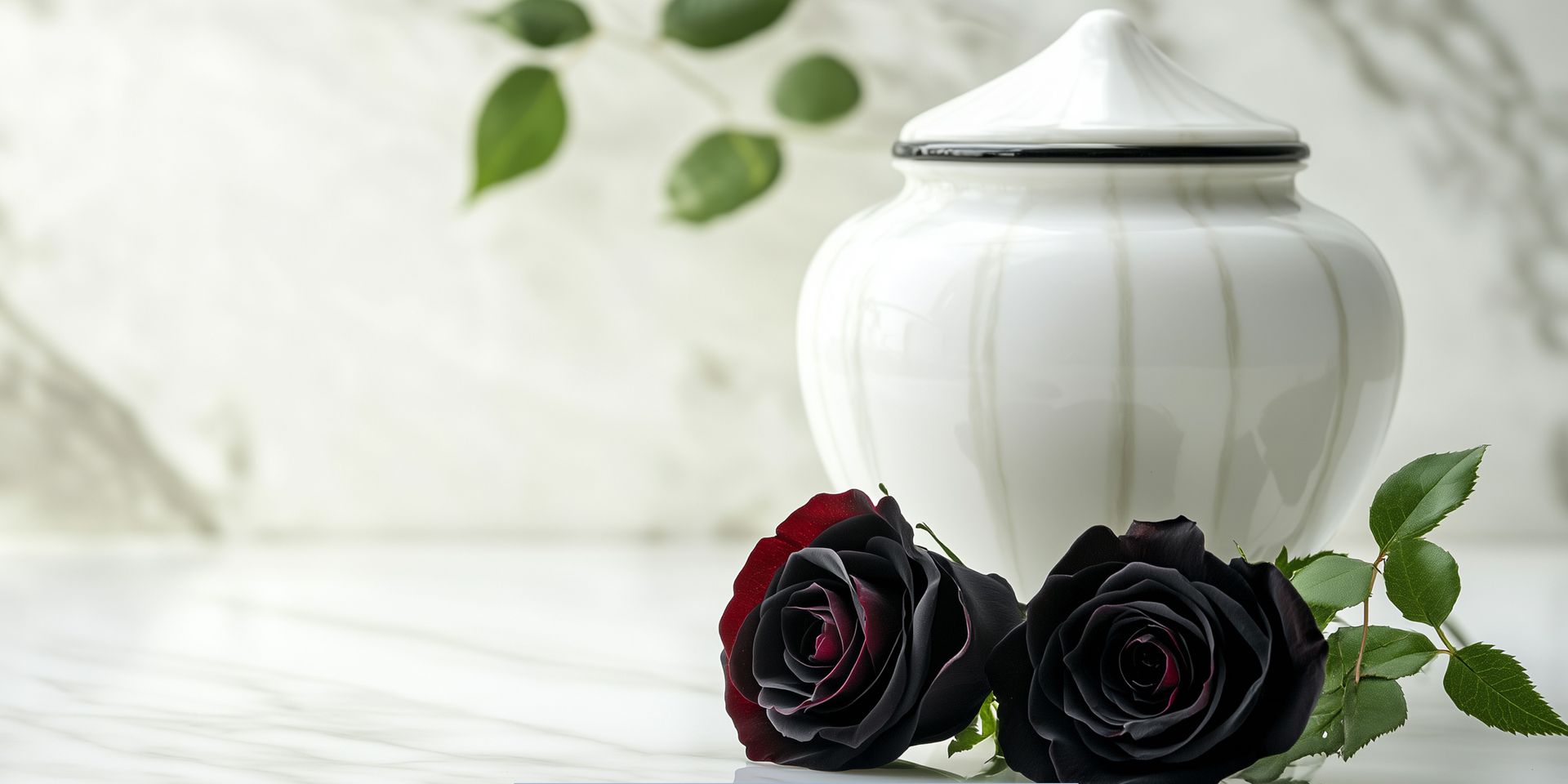 White cremation urn with black roses on a marble background symbolizing Cremation Services in Maple Shade, NJ.