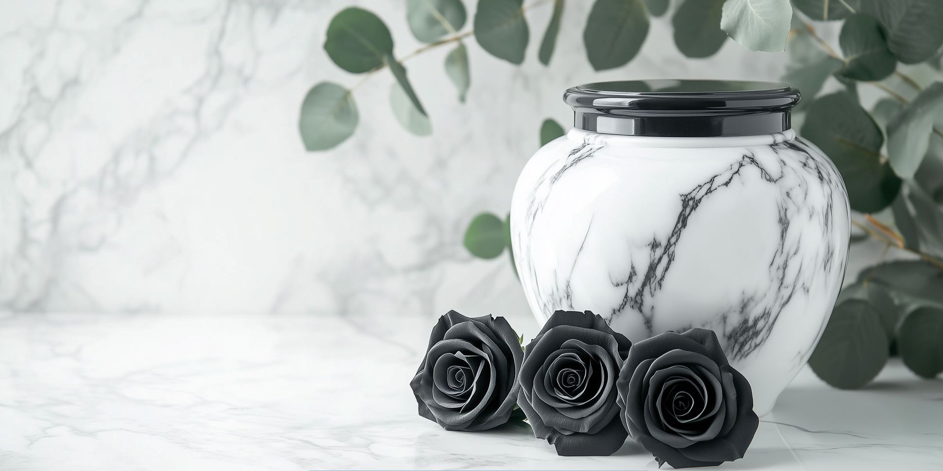 White marble cremation urn with black roses and greenery symbolizing Cremation Services in Pennsauken Township, NJ.
