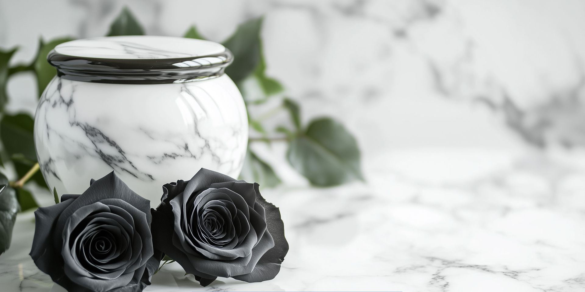 White marble cremation urn displayed with black roses on a marble surface symbolizing cremation services in Voorhees Township, NJ.