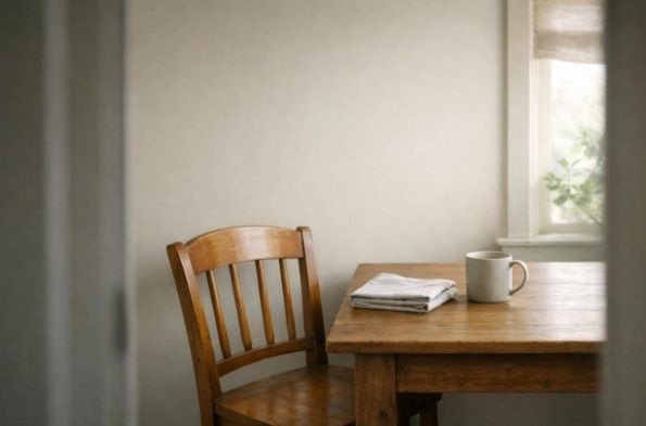 An extra wooden chair pulled out at a sunlit kitchen table with an untouched mug