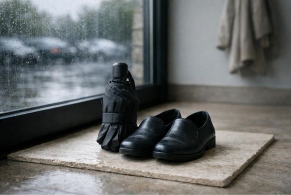 Folded charcoal umbrella and polished dark shoes by a rain-speckled visitation home entrance