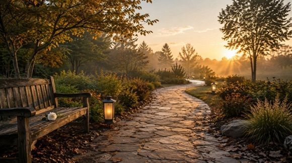 Peaceful memorial garden path at sunrise near funeral homes Cherry Hill, NJ remembrance services