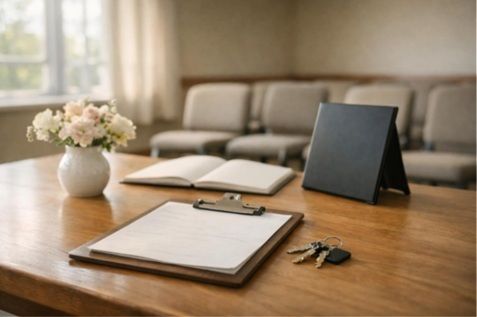 Quiet clubhouse memorial setup with flowers, chairs, and planning details