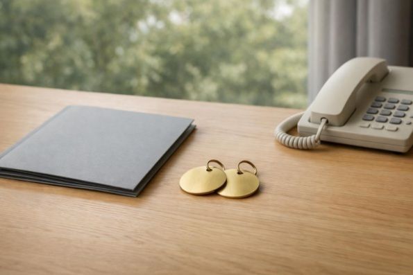 Unmarked identification tags, a blank authorization folder, and a telephone on a sunlit desk