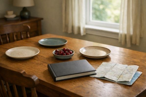 Quiet dining table with empty place settings, cherries, a closed photo album, and an unmarked travel