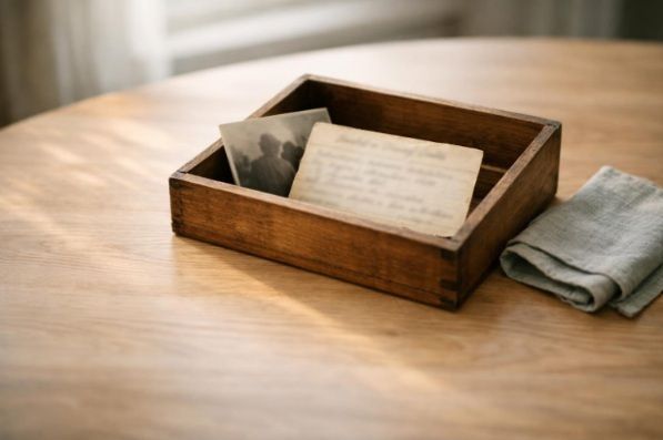 A handwritten recipe card in a wooden memory box on a softly lit dining table