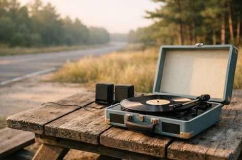 Portable record player playing a meaningful road-trip song on an empty South Jersey picnic table 