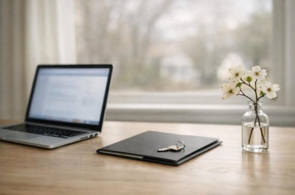 Open laptop and simple paperwork on a quiet South Jersey home study table for reviewing cremation