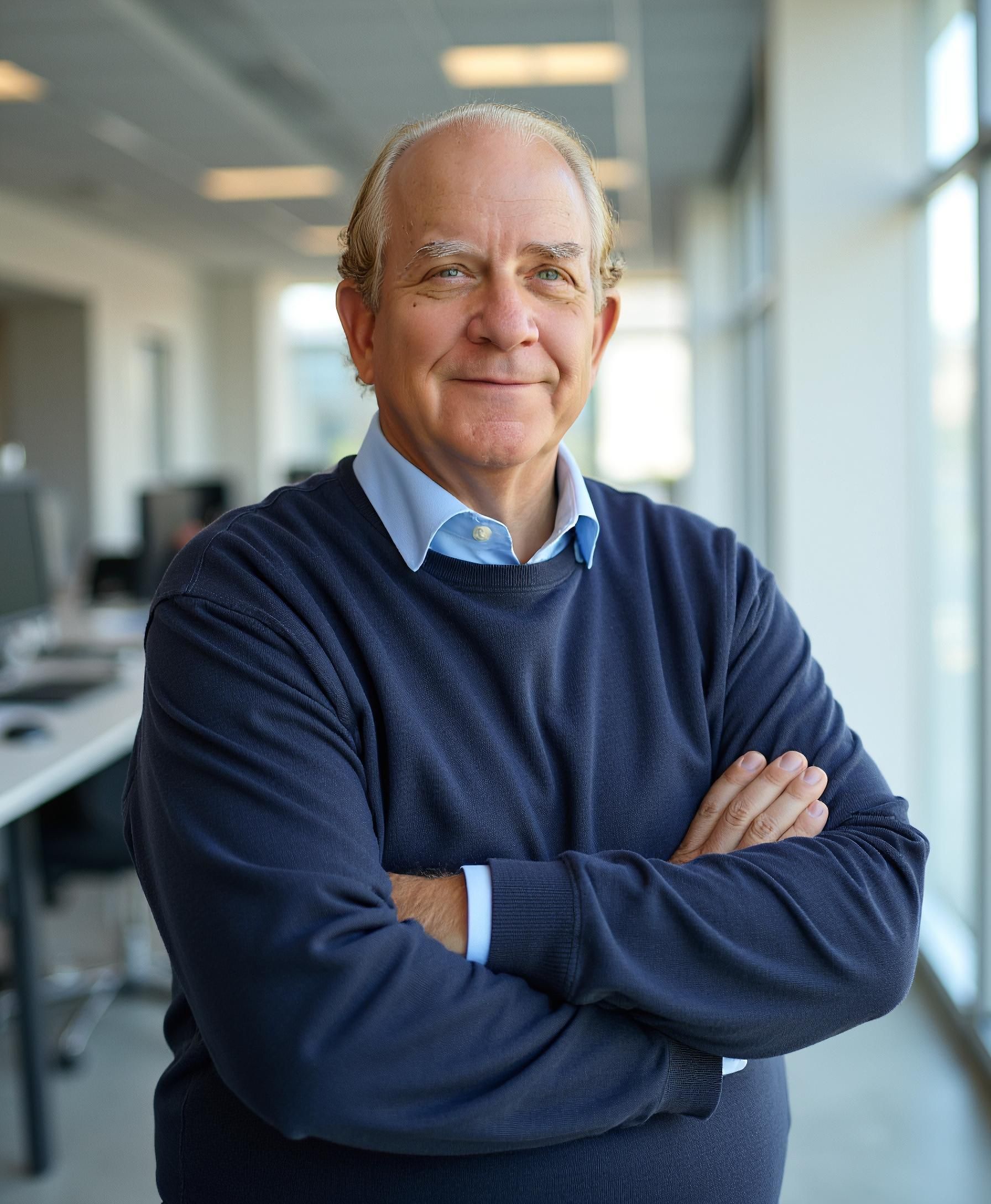 Smiling man in a navy sweater stands with arms crossed in a bright office.