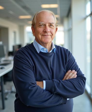 Smiling man in a navy sweater stands with arms crossed in a bright office.