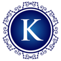 Blue circular logo with a white capital K and ornate decorative border