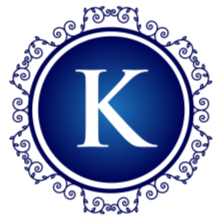 Blue circular logo with a white capital K and ornate decorative border