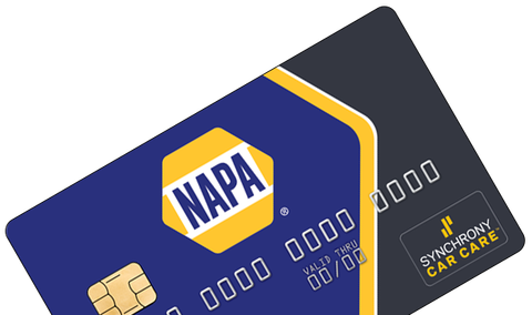 NAPA credit card with blue and yellow design, next to a black card with Synchrony Car Care logo.