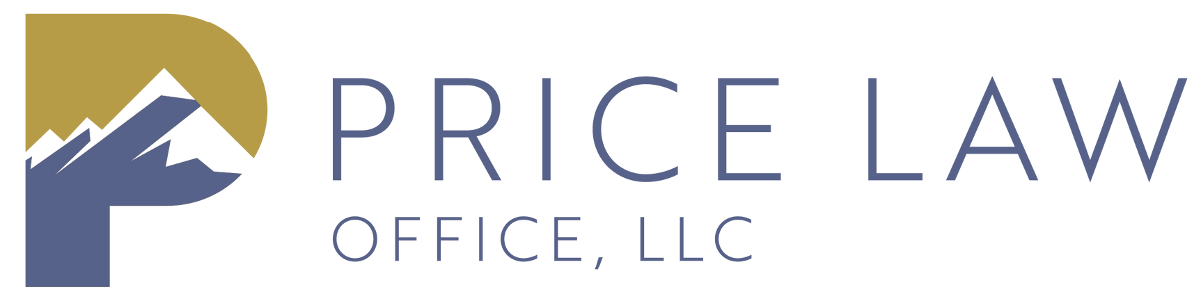 A logo for price law office llc with a mountain in the background.