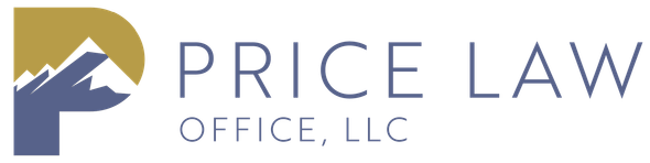 A logo for price law office llc with a mountain in the background.