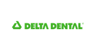 Delta Dental logo: Green text with a green triangle, white background.