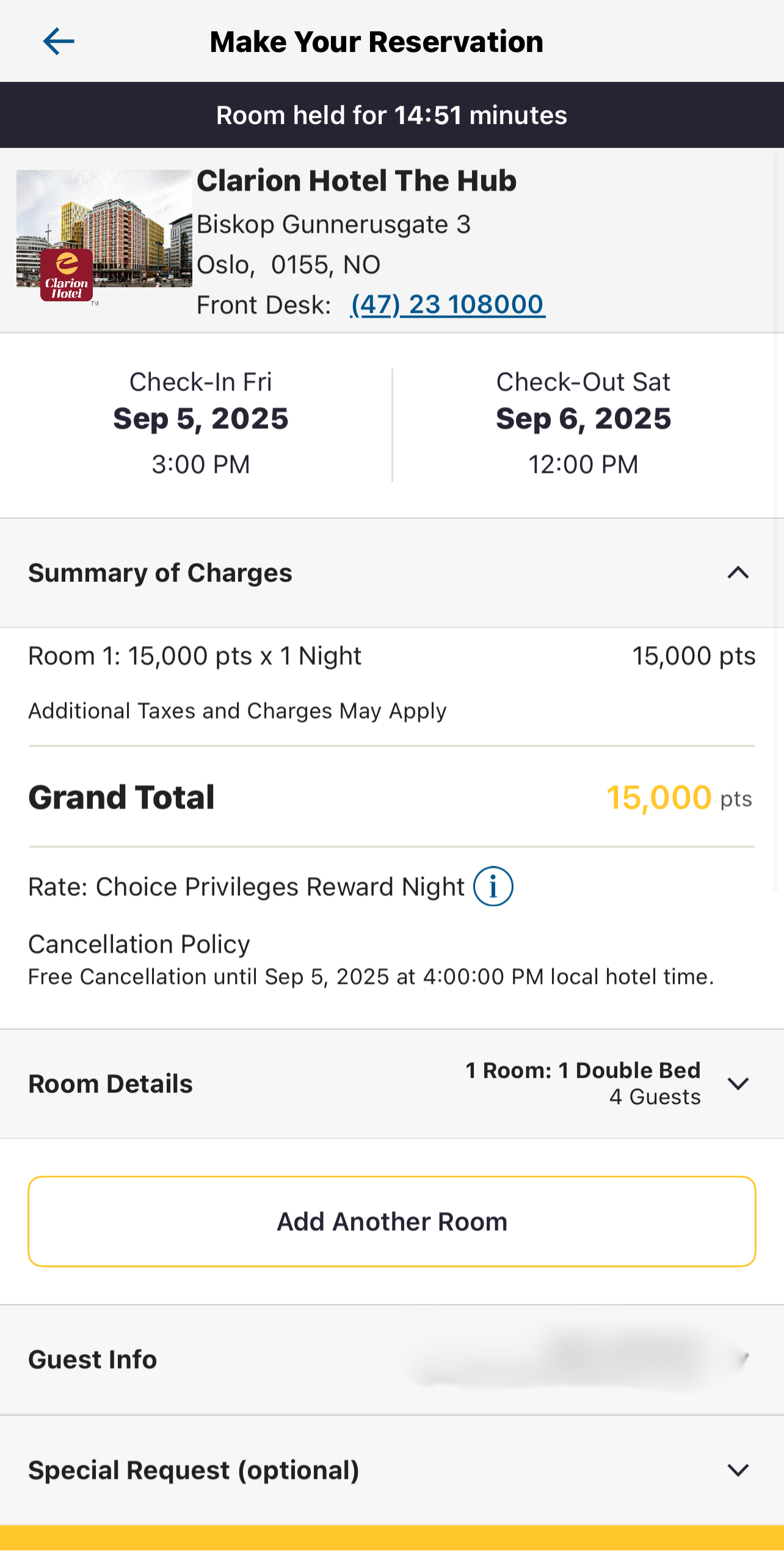 total of points to book a room in Oslo Norway