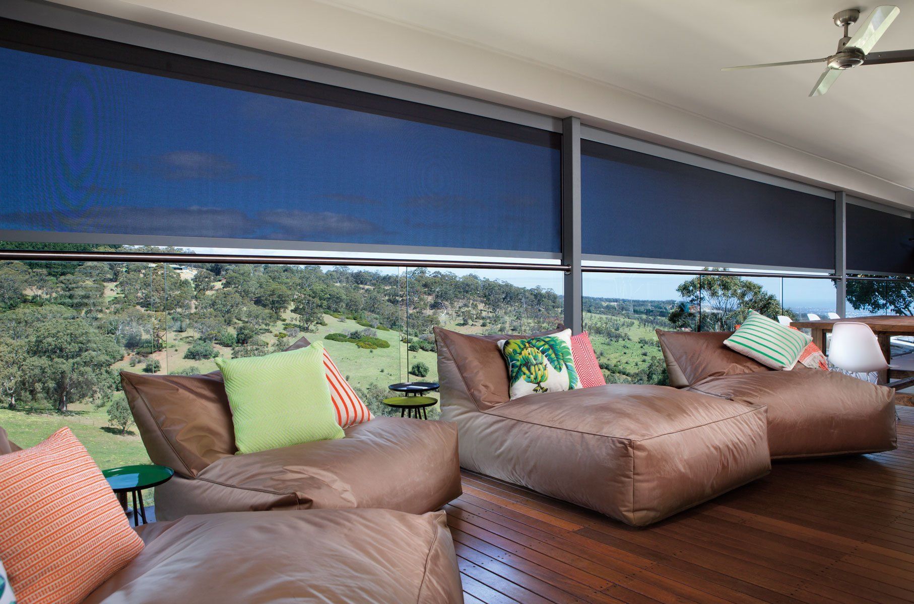 Indoor Seating Area with Dark Blue Shades — Precision Patios Toowoomba in Toowoomba, QLD