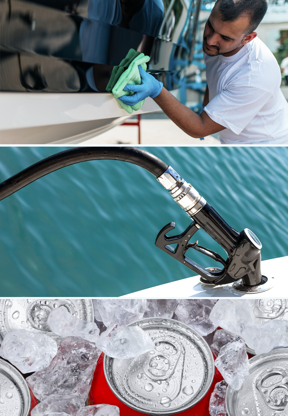 3 photos in one with a man is cleaning a boat, a gas pump, cold drinks on ice