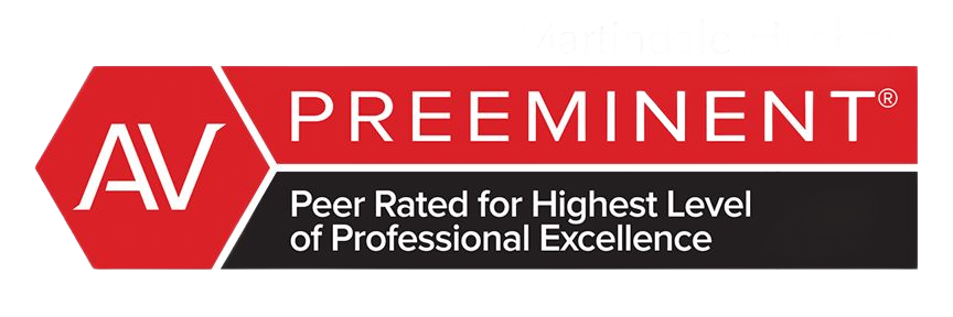 AV Preeminent badge logo in red, black, and white with “Peer Rated for Highest Level of Professional Excellence” text