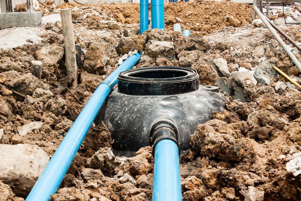 Blue pipes connected to a black circular underground structure in a construction site filled with dirt. — Mi Plumber Wagga Wagga in Lake Albert, NSW