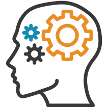 A silhouette of a person 's head with gears in it.