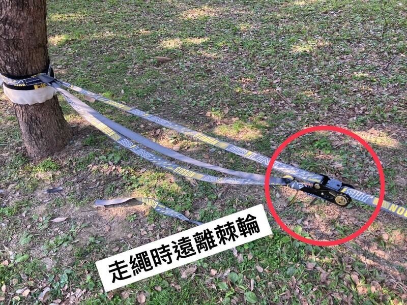 A rope is tied to a tree in a park.