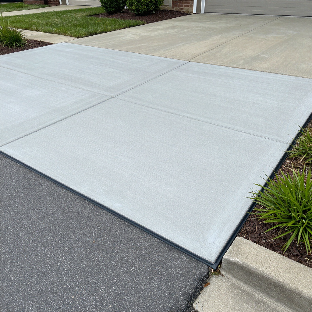 Gray concrete driveway apron leading to a street with a curb and landscaping