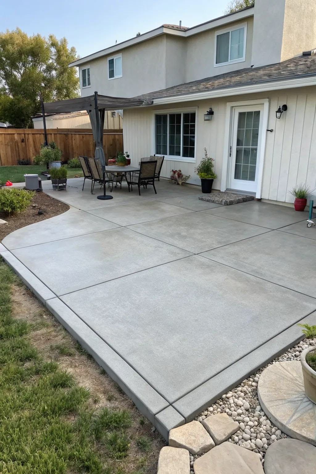 Backyard concrete patio with outdoor table, chairs, umbrella, and potted plants beside a house