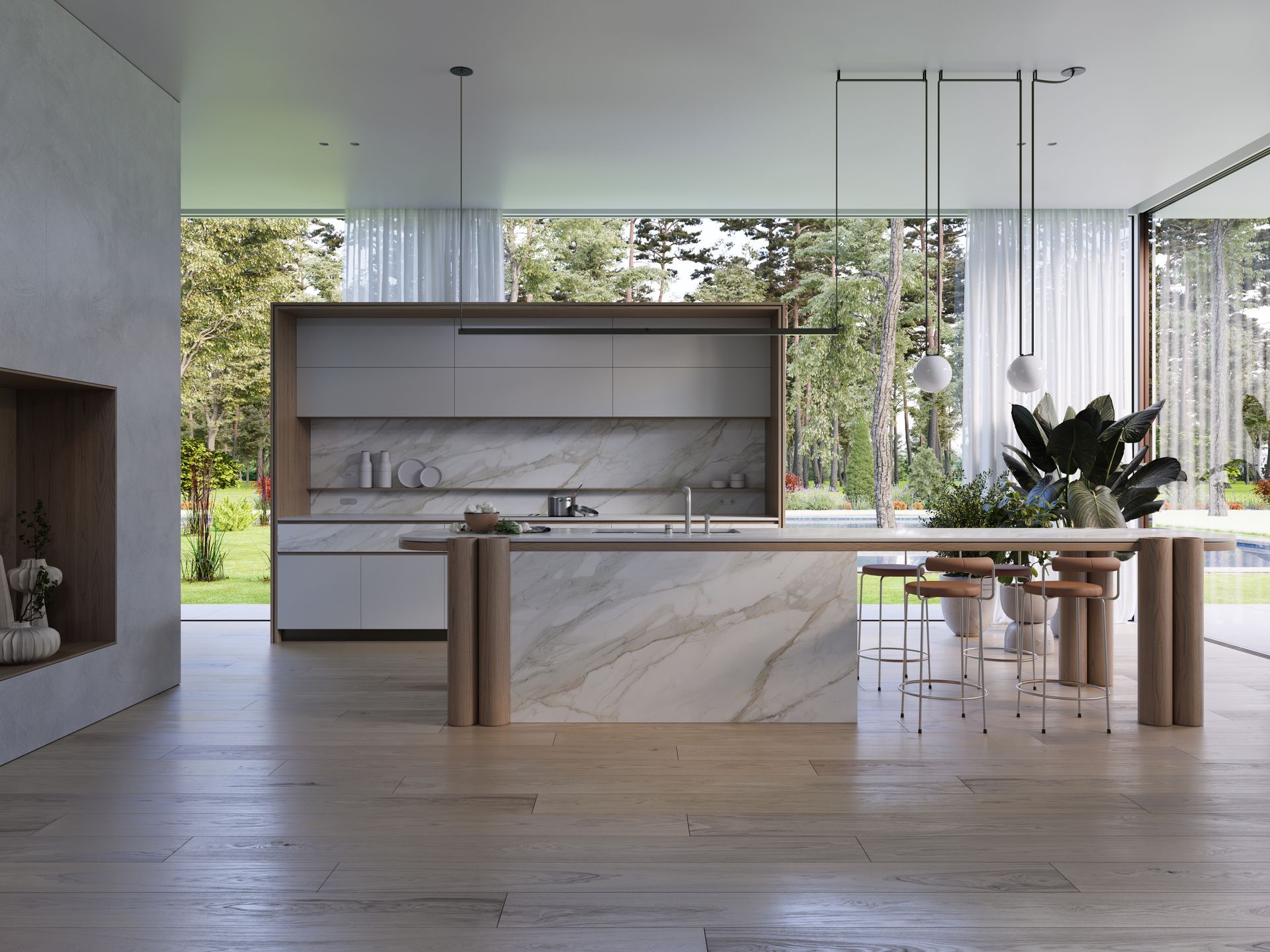 Modern open kitchen with marble island, gray cabinetry, large windows, and outdoor view