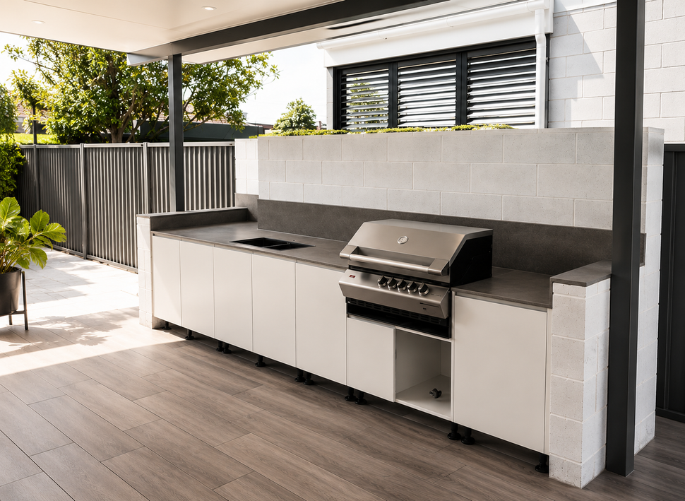 Covered patio with built-in outdoor kitchen, grill, and white cabinets beside a fenced yard.