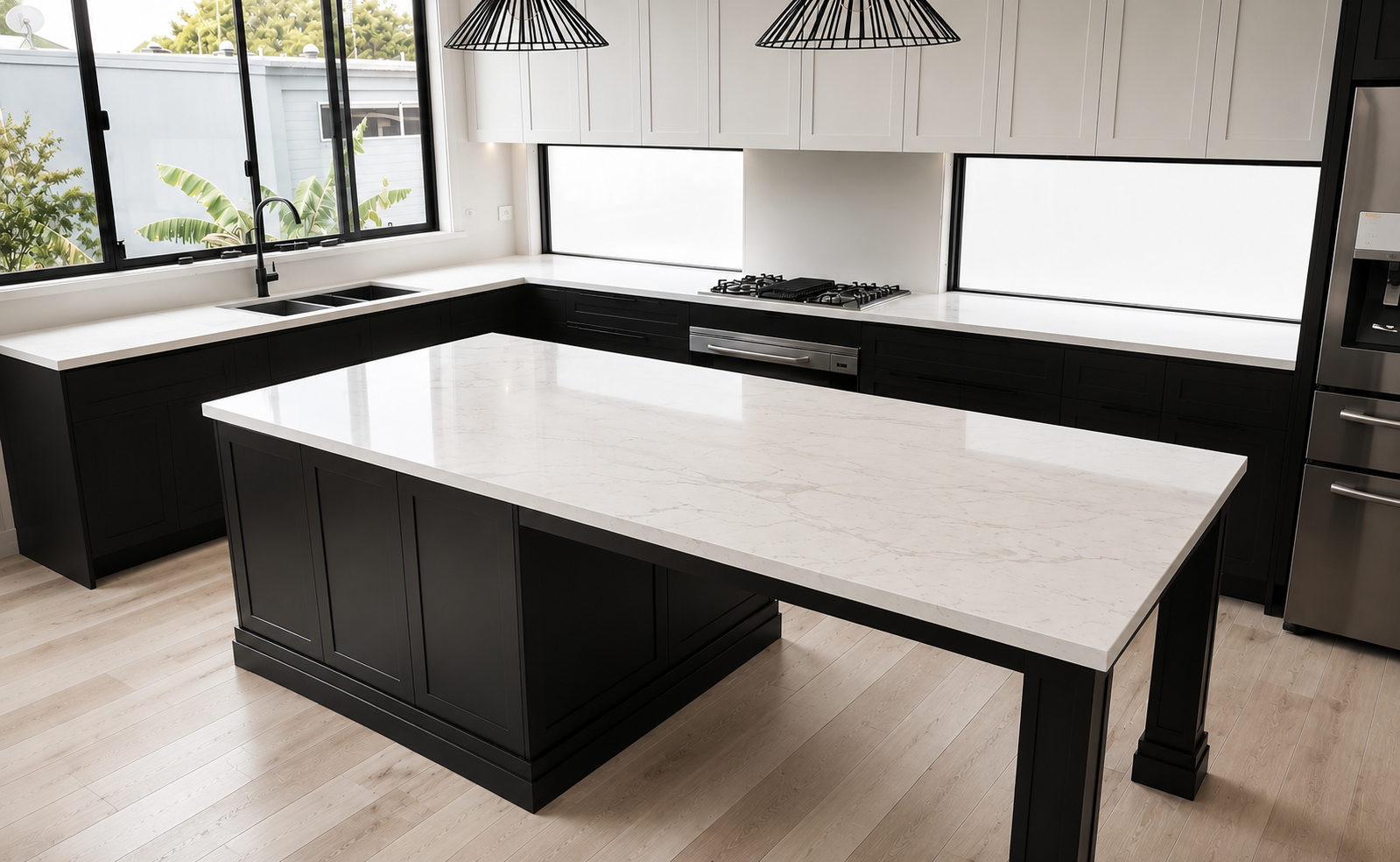 Modern kitchen with black cabinetry, white island countertop, and pendant lights by large windows