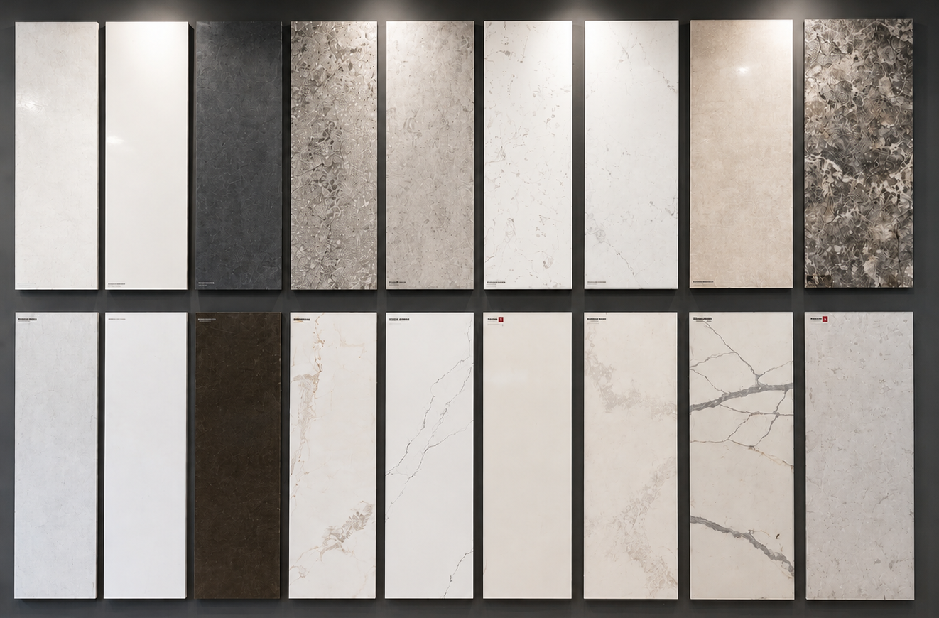 Two rows of assorted stone tile samples in white, gray, beige, and dark tones with marble-like patterns