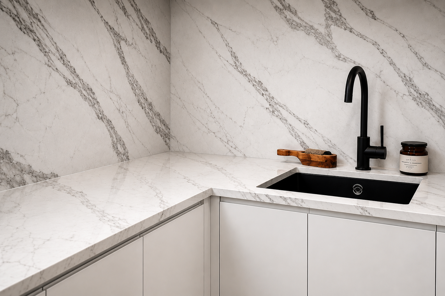 Modern kitchen corner with white marble backsplash, black faucet, and sink