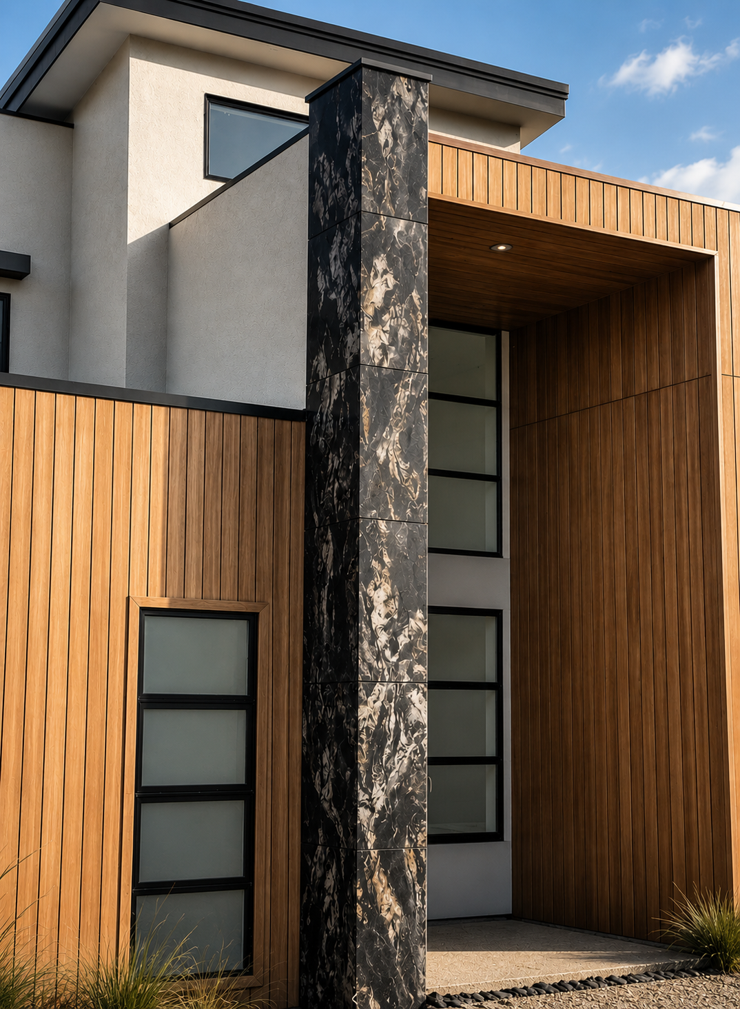 Modern house exterior with wood siding, dark stone column, and large black-framed windows