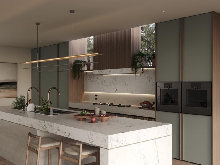 Modern kitchen with marble island, wooden stools, pendant lights, and built-in ovens in muted tones
