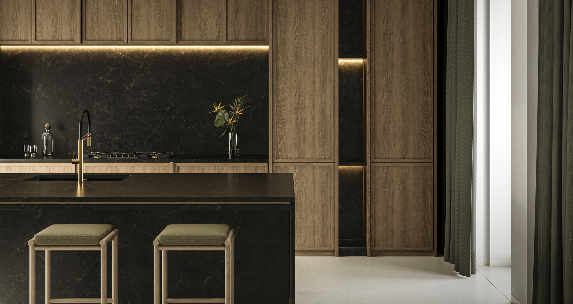 Split image showing marble and speckled stone countertops with a window and sink area