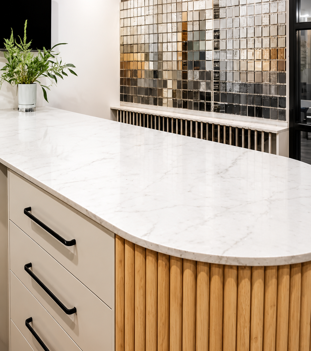 Modern kitchen island with white marble countertop, cream drawers, wood slat base, and mirrored backsplash