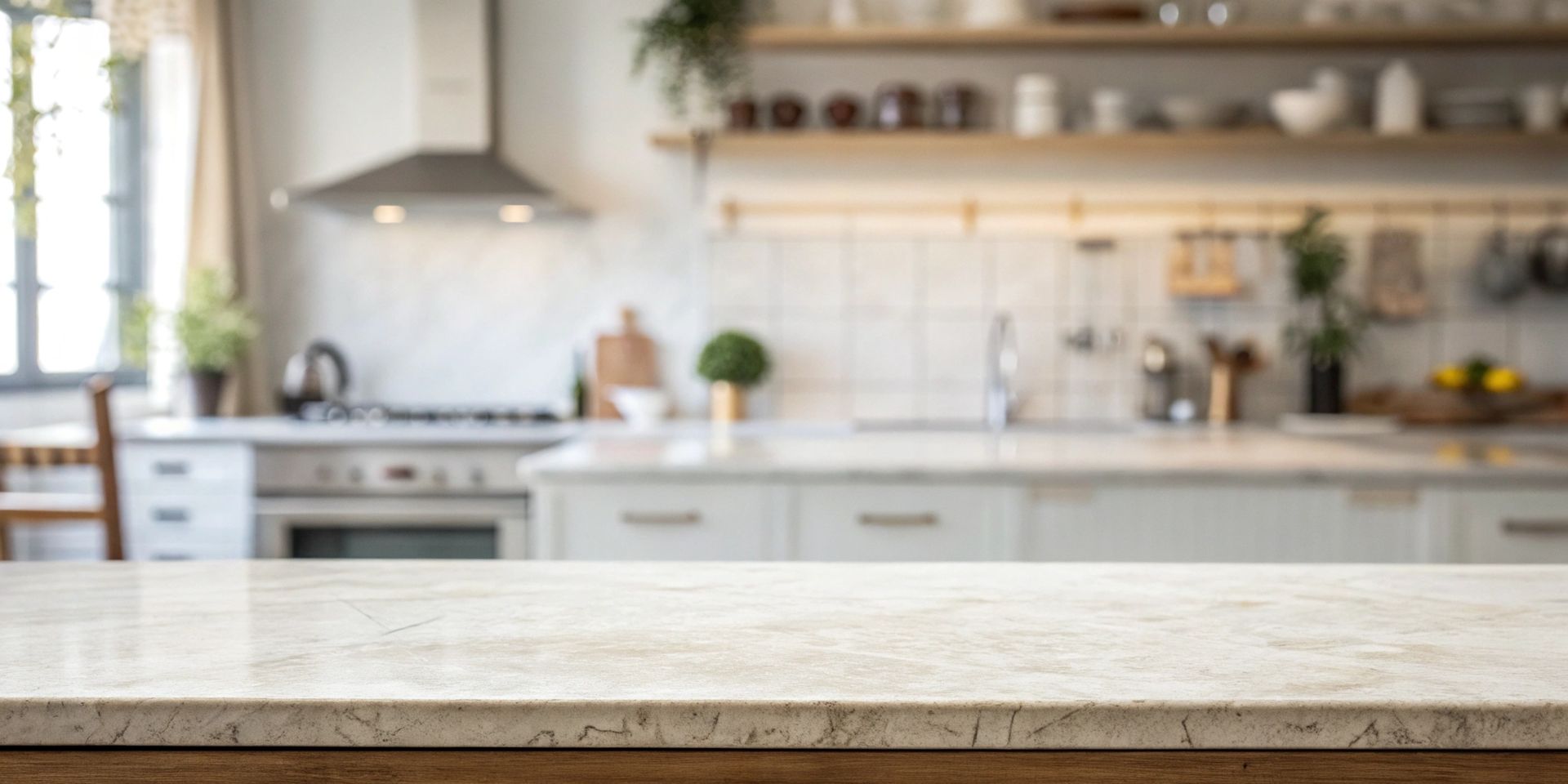 Bright modern kitchen with white cabinets, wood shelves, and a marble countertop in the foreground