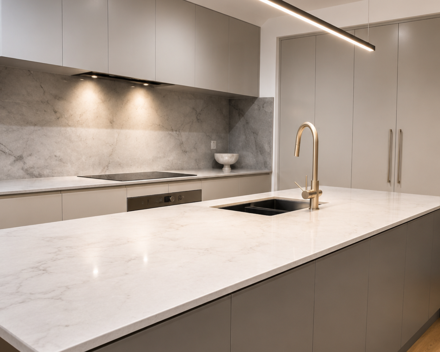 Modern white kitchen with marble island, gold faucet, built-in sink, and under-cabinet lighting