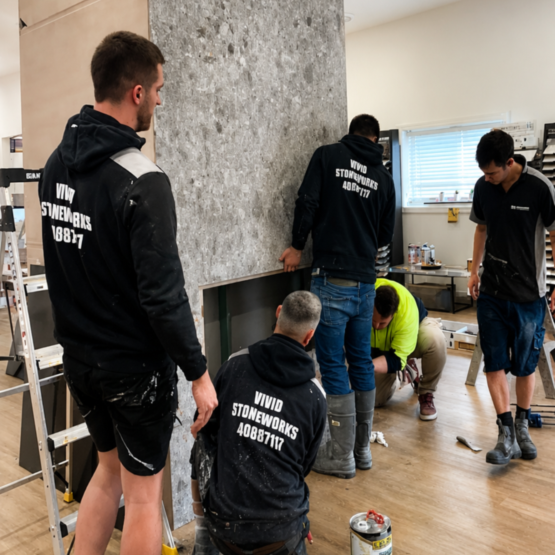 Workers assembling a fireplace in a bright living room, one kneeling near tools and supplies.