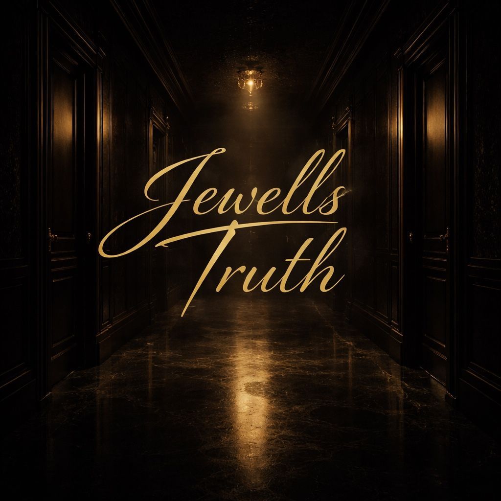 Gold script reading “Jewells Truth” on a dark, reflective hallway background