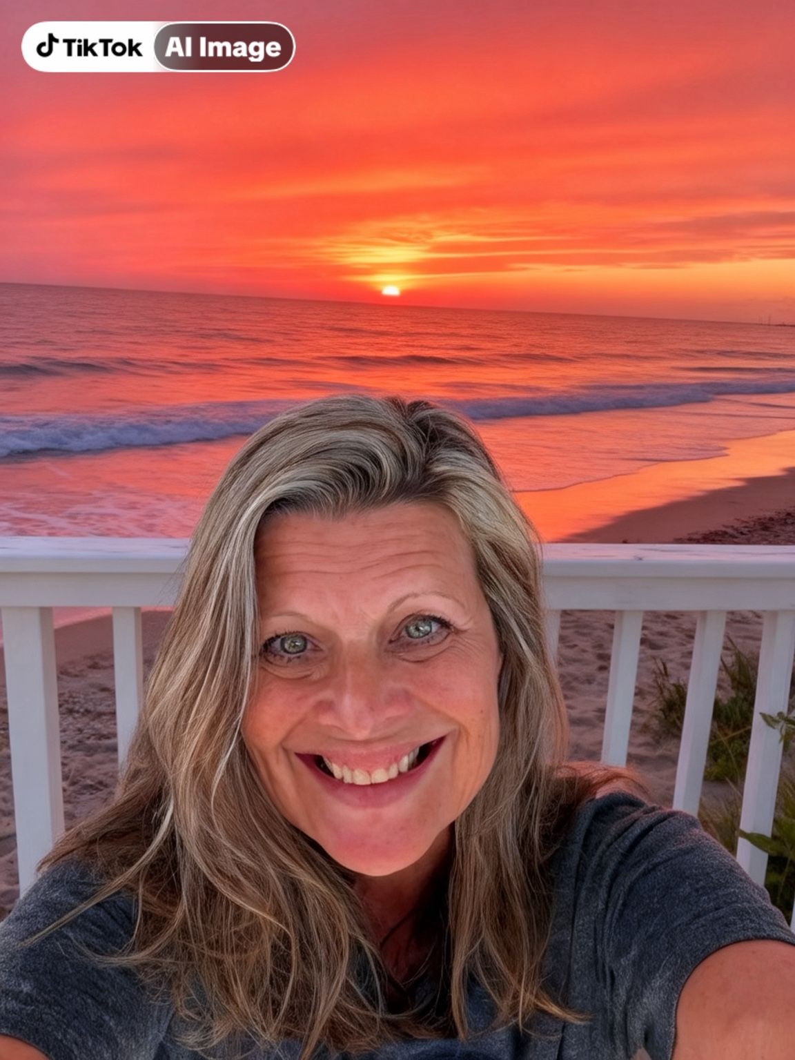 Smiling woman on a porch at sunset, with orange sky and ocean waves behind her.