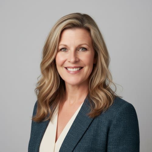 Smiling professional in a blue blazer against a light gray background