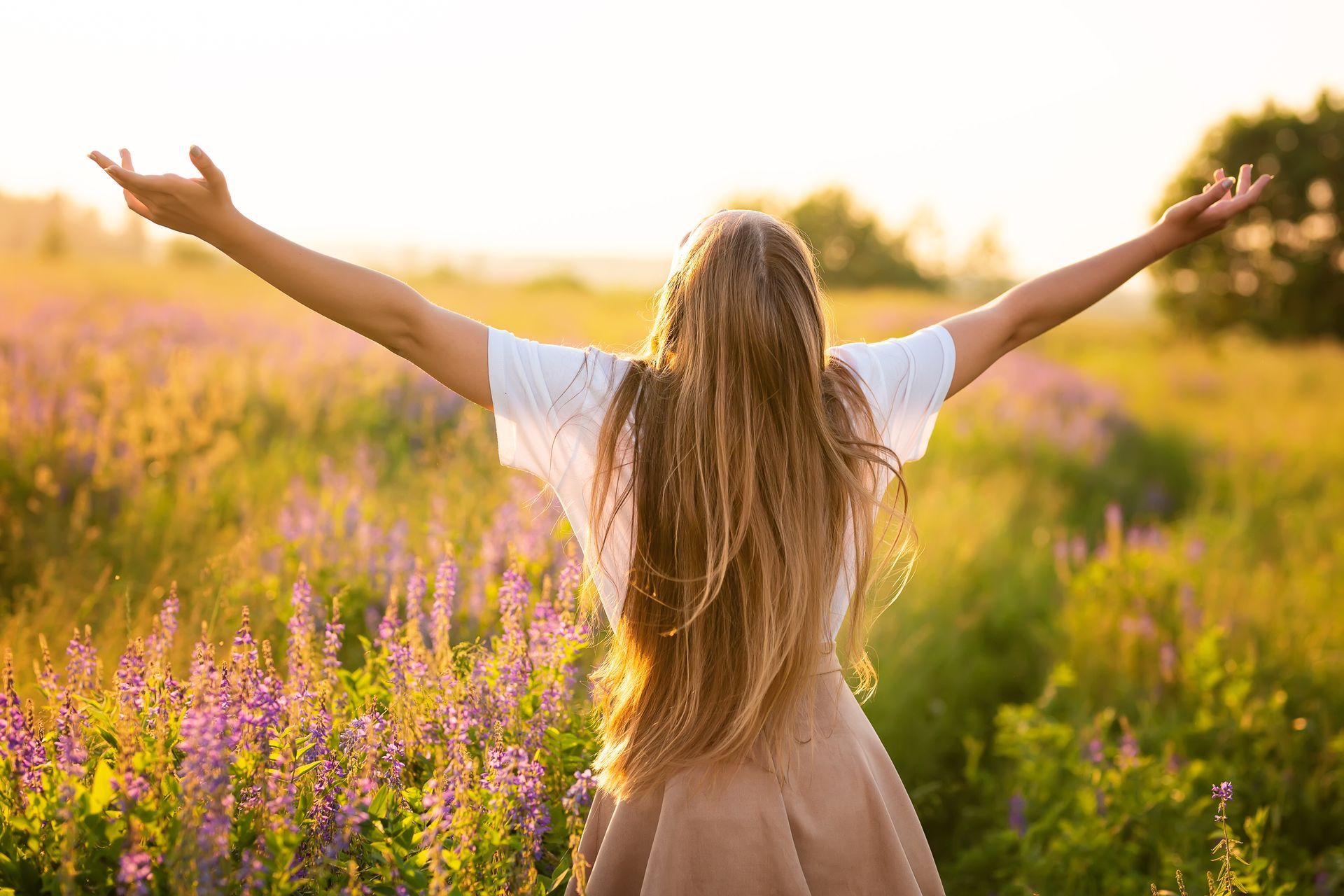 Person with arms raised in a sunny flower field with purple blooms and golden light
