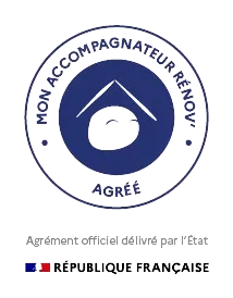 Un logo bleu et blanc qui dit mon accompagnateur renov agree