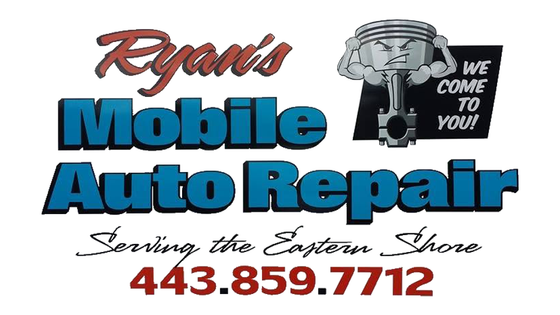 Ryan’s Mobile Auto Repair logo with a piston and “We come to you,” serving the Eastern Shore, phone 443-859-7712